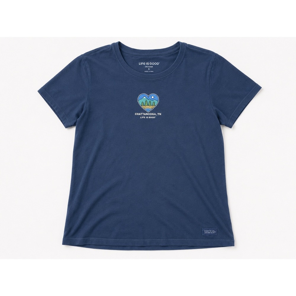 Life Is Good Womens Crusher Tee L Chattanooga TN Heart Mountain Navy Blue Cotton